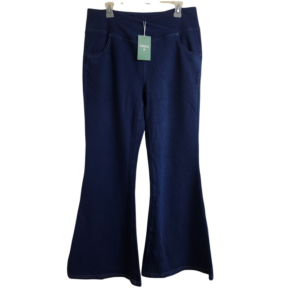 HALARA Women's Navy Blue Boot Cut Flare Pants with waffle texture